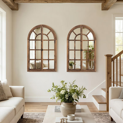 36'' H X 24'' W Farmhouse Wood Frame Accent Mirror Window Pane Decorative Mirror Arch Wall Mirror for Living Room Bedroom