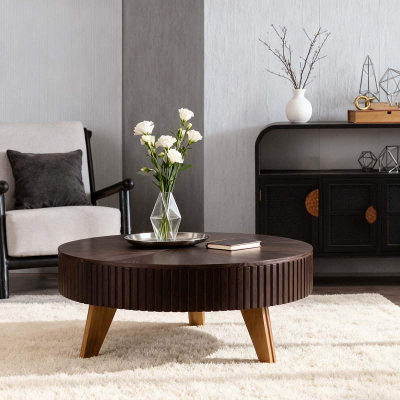 Retro Round Coffee Table With Storage, Brown Top/Natural Base, 15.7" H x 39.37" L x 39.37" W