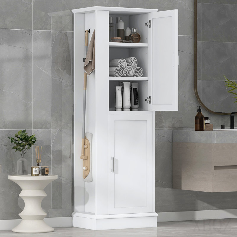 Grande armoire de rangement pour salle de bain, armoire de rangement autoportante avec crochet et tablette réglable, panneau en bois aggloméré, blanc (ancien numéro de référence: Wf326356aak)