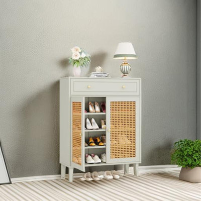 31.49” Mint Green Wooden Shoe Cabinet with Rattan Doors and Drawer, 4-Tier Shoe Storage Organizer