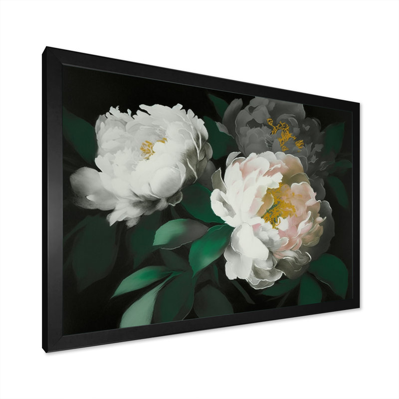 «White Blossoming Peony on Black I», reproduction sur toile, L 20 po x H 12 po, Cadre photo noir