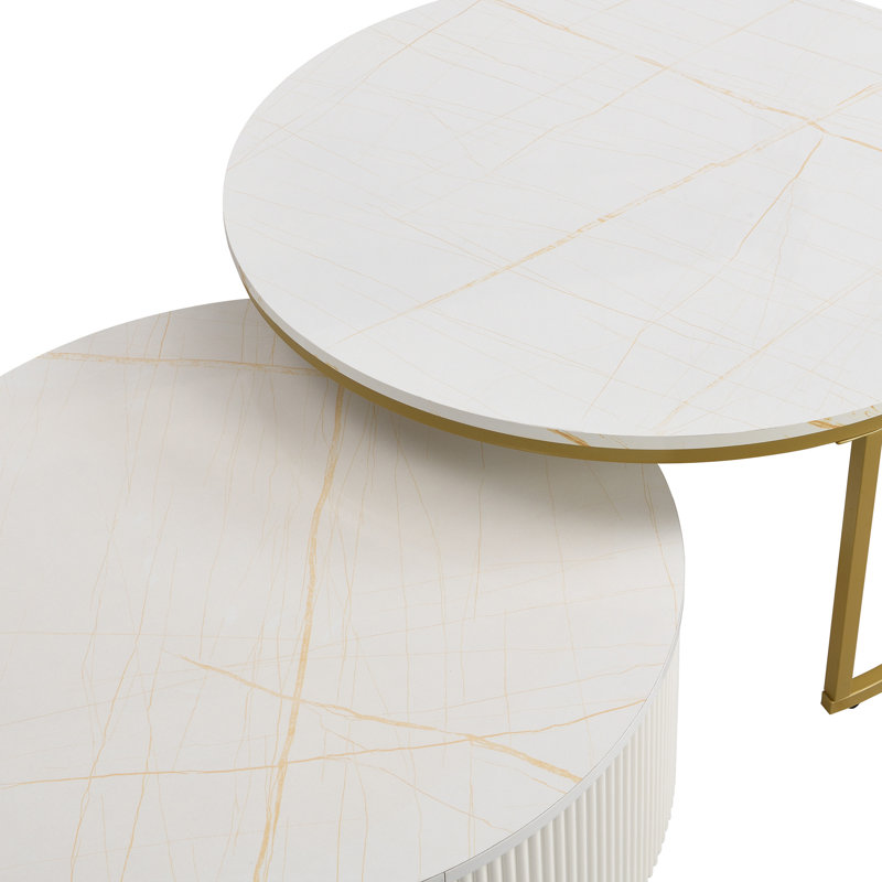 Table basse gigogne moderne cannelée avec tiroir en or de 31,5 po Modern, Blanc