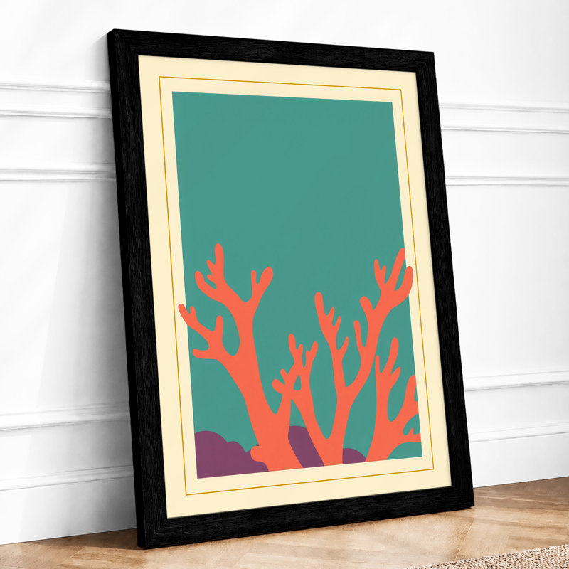 Coral on Teal Coastal - Framed Print, Black, A3 - 42.0 x 29.7 cm