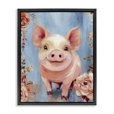 Cadre flottant souriant cochon et fleurs, design par Sara Culpepper