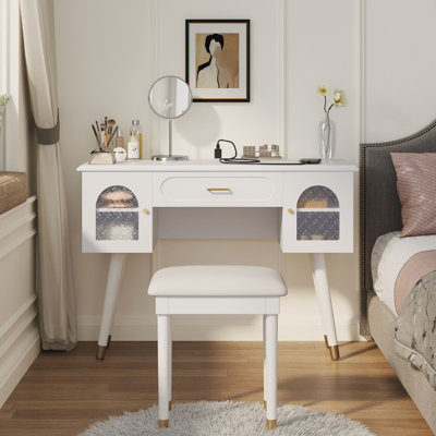 Elegant Vanity Makeup Table & Chair Set, Modern Dressing Table with Organizer, Writing Desk, and Charging Port, White