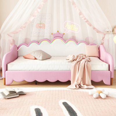 Extending Daybed With LED Lights, Modern Upholstered Princess Daybed With Crown Headboard