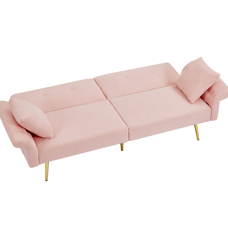 Lit d'appoint rembourré rose moderne avec poche latérale, fonction de couchette pliante, 4 pieds réglables et pieds en métal doré, cadre en bois massif pour le bureau, la chambre à coucher, salon compact aux angles, pliable