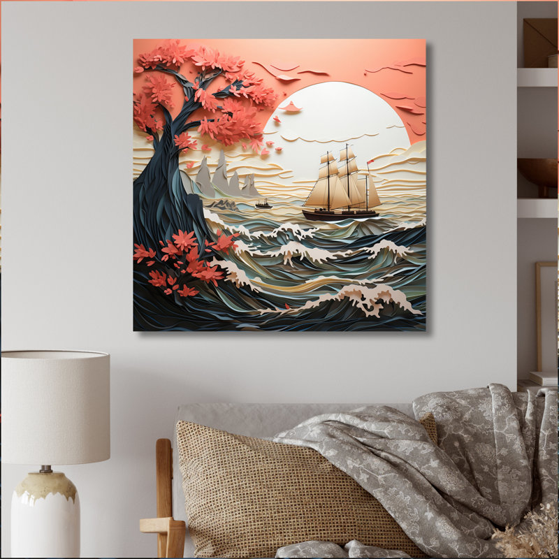 " Japon Coral Waves Papercut III ", 36" H x 36" W x 1.5" D, Wrapped Canvas