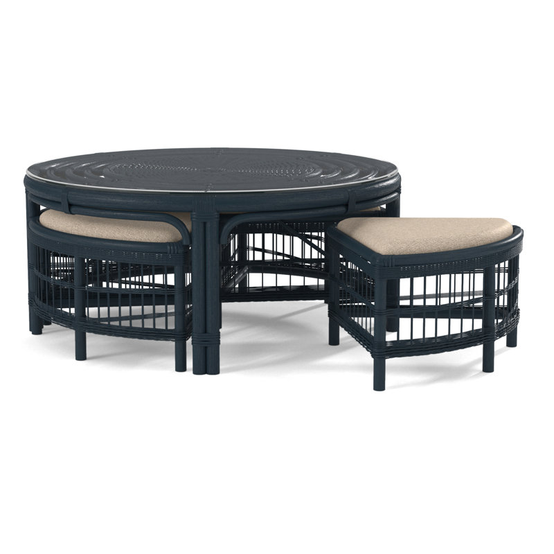 Raffles Rattan Cocktail Table with Benches, Antique Frost White, Eggshell Crypton Performance; 0884-93