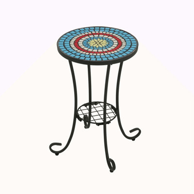 Blue+black Ceramic Tile Side Table With Shelf, Iron Frame, 14" Wide X Deep 21.9" High, Versatile For Indoor And Outdoor Elegant Shelf Patio, Tile, Construction, Diameter Height, Scratch-