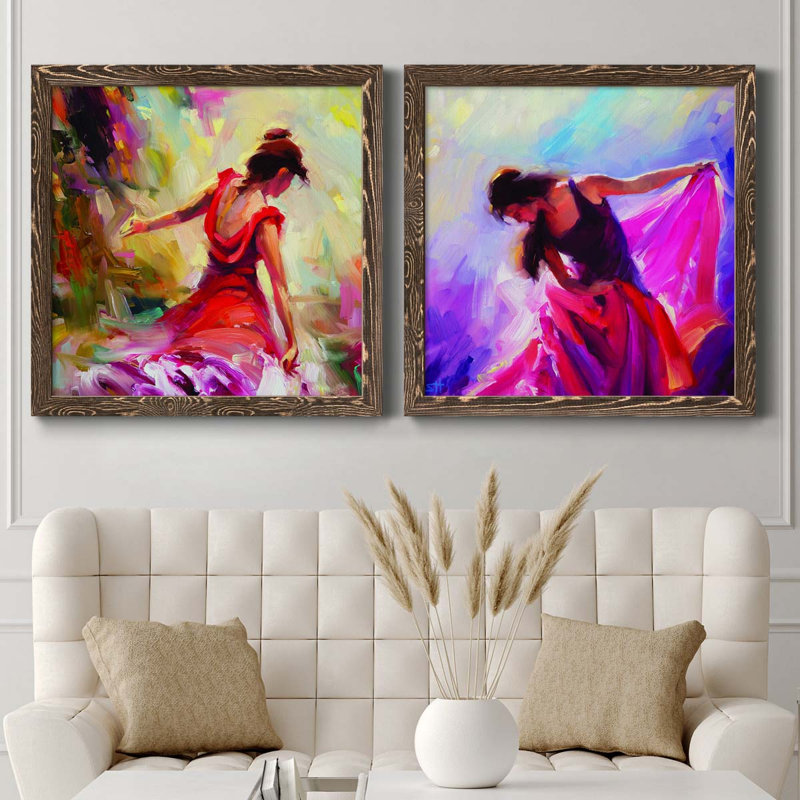 Danseuse - ensemble de 2 peintures sur toile encadrées, H 31,5 po x l 63 po x P 1,5 po, Encadré de bois de noyer