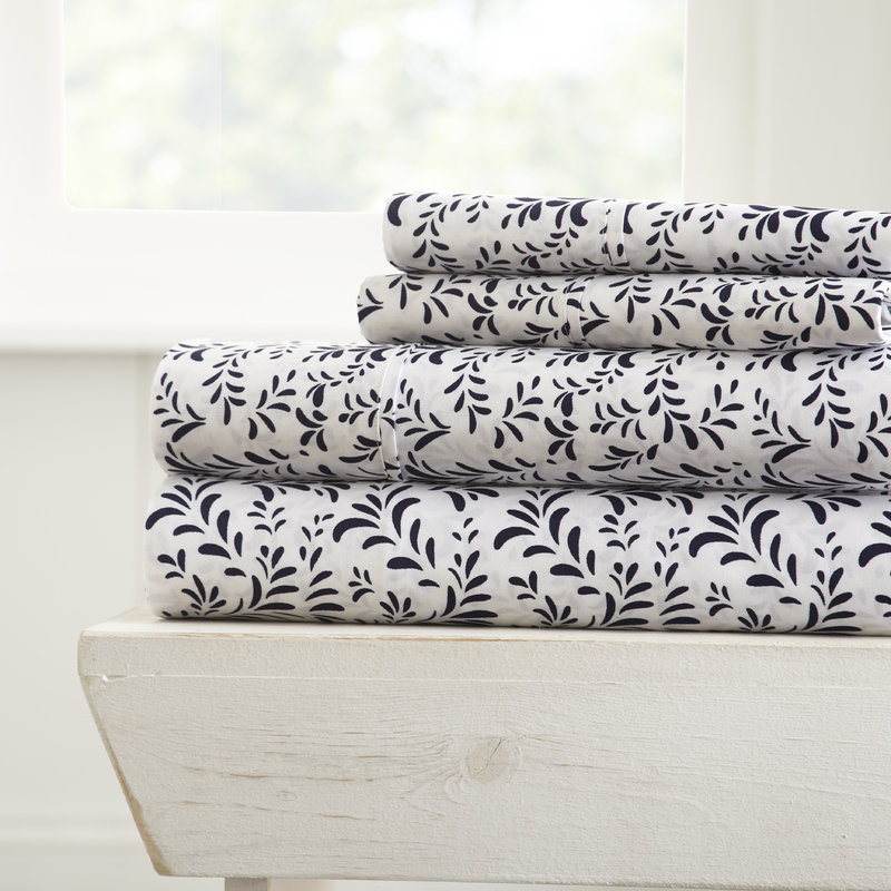 Simply Soft™ Pattern Microfiber Sheet Set, California King, Navy Burst of Vines