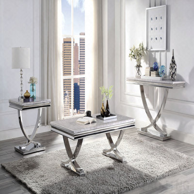Table de bout, faux marbre Glam, acier inoxydable chromé