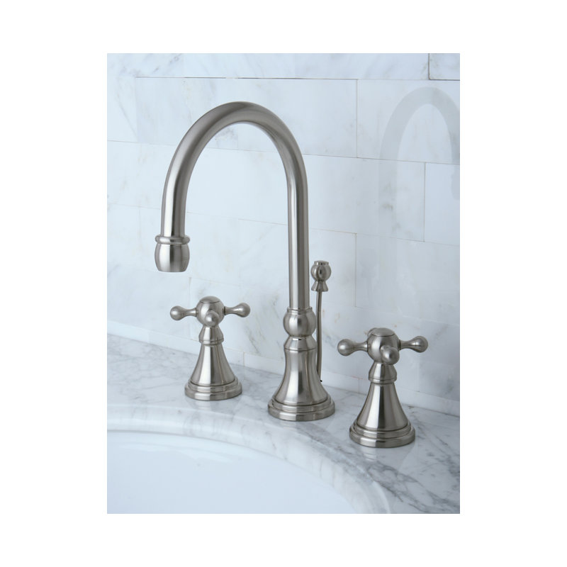 Kingston Brass Governor Two-Handle 3-Hole Deck Mount Widespread Bathroom Faucet with Brass Pop-Up Drain, Brushed Nickel