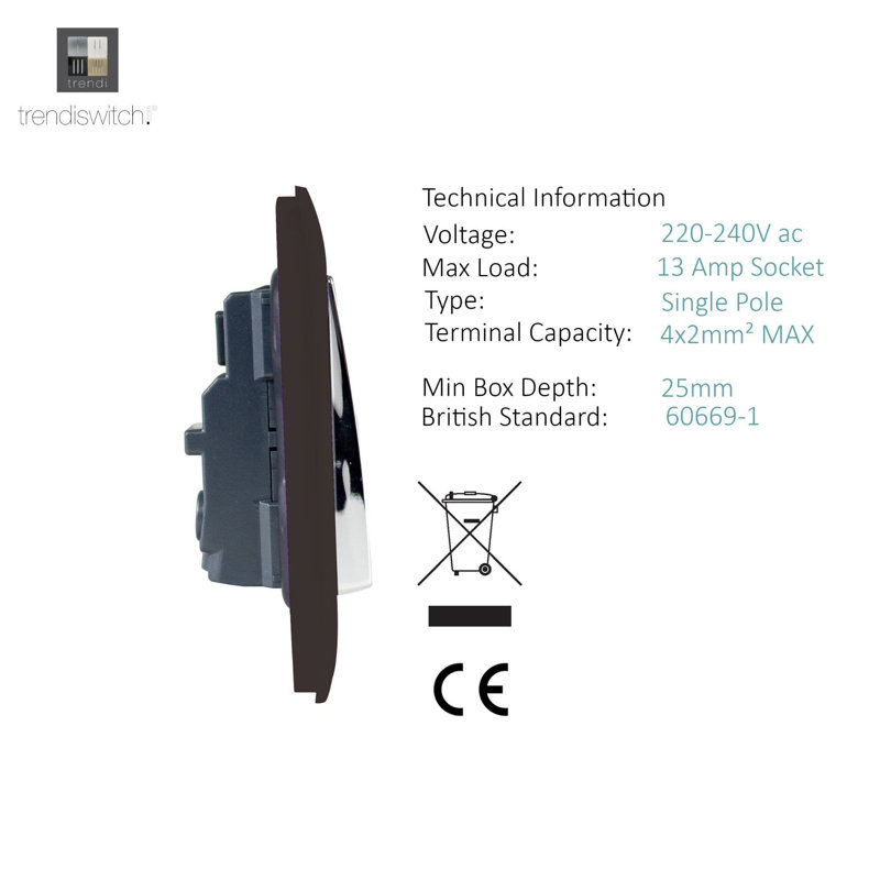 Trendi Switch 2 Gang Long Switched Plug Socket, Dark Brown