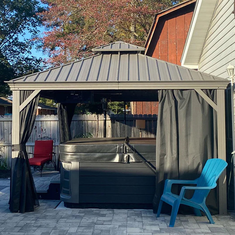 12' x 16' Black Aluminum Hardtop Patio Gazebo with Curtains