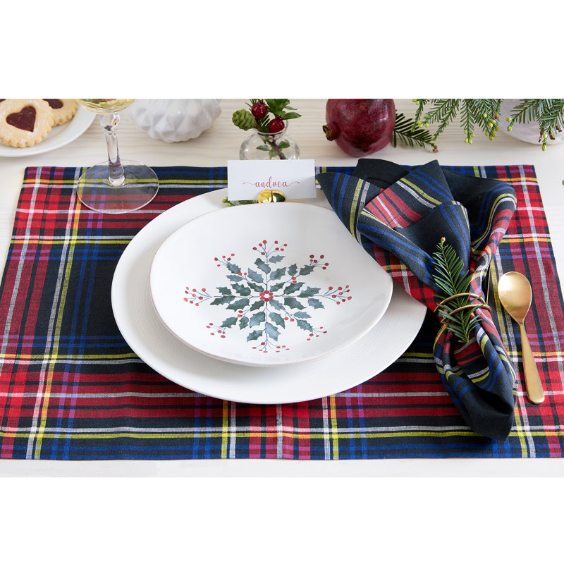 Stewart Plaid - 100% Pure Linen Christmas Dinner Napkins, Black