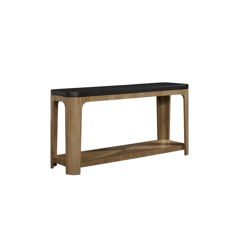 Carstens Console Table with Shelf – Eucalyptus Veneer & Black Glass Insert Top