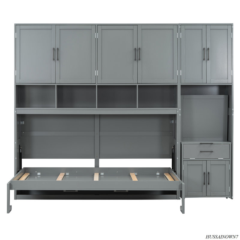 Lit escamotable mural avec placard, tiroirs et bureau Murphy, Gris