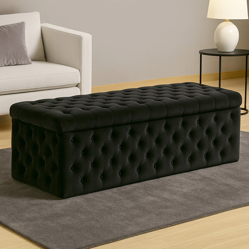 Lux Wide Velvet Chesterfield Rectangle Solid Color Standard Ottoman Box with Storage, 120cm W x 42cm D x 40cm H, Black