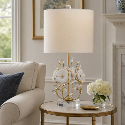22" Gold Floral Table Lamp with Clear Crystal Accents