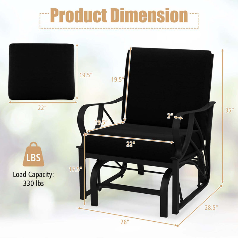 Chaise berçante de patio avec coussin, Noir, noir, noir, noir