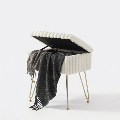 Faux fur-covered vanity stool, footstool, and shoe-changing stool with storage functionality and metal leg design