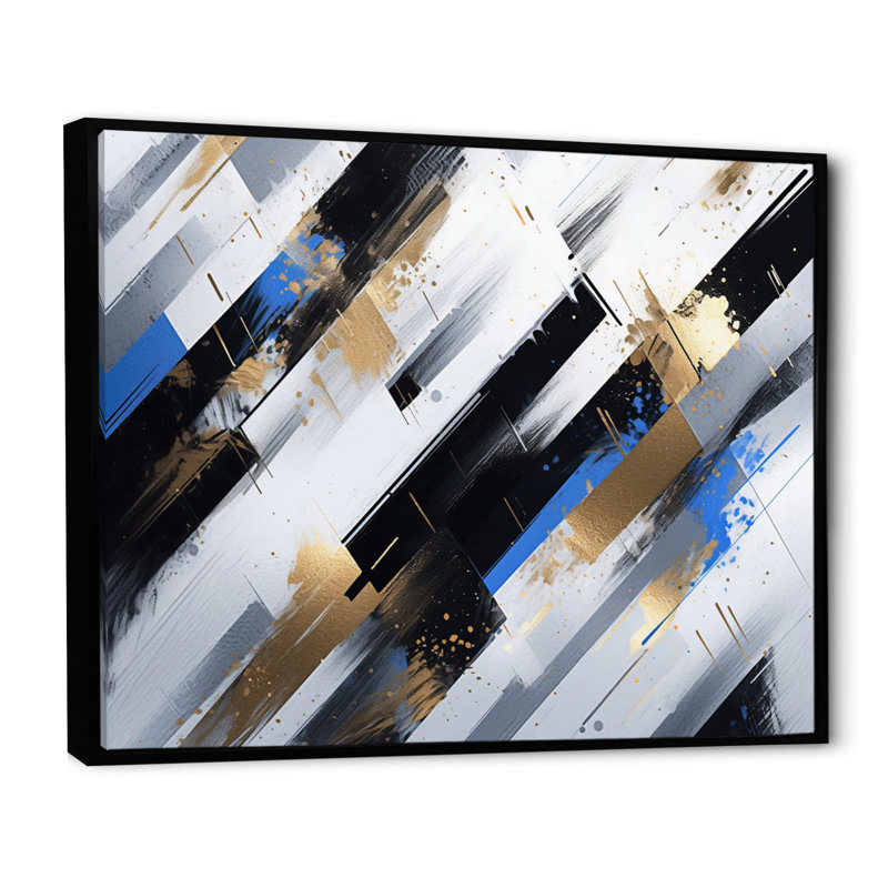 Rayures audacieuses bleues et dorées I, Cadre flottant noir, H 24 po x l 32 po x P 1 po