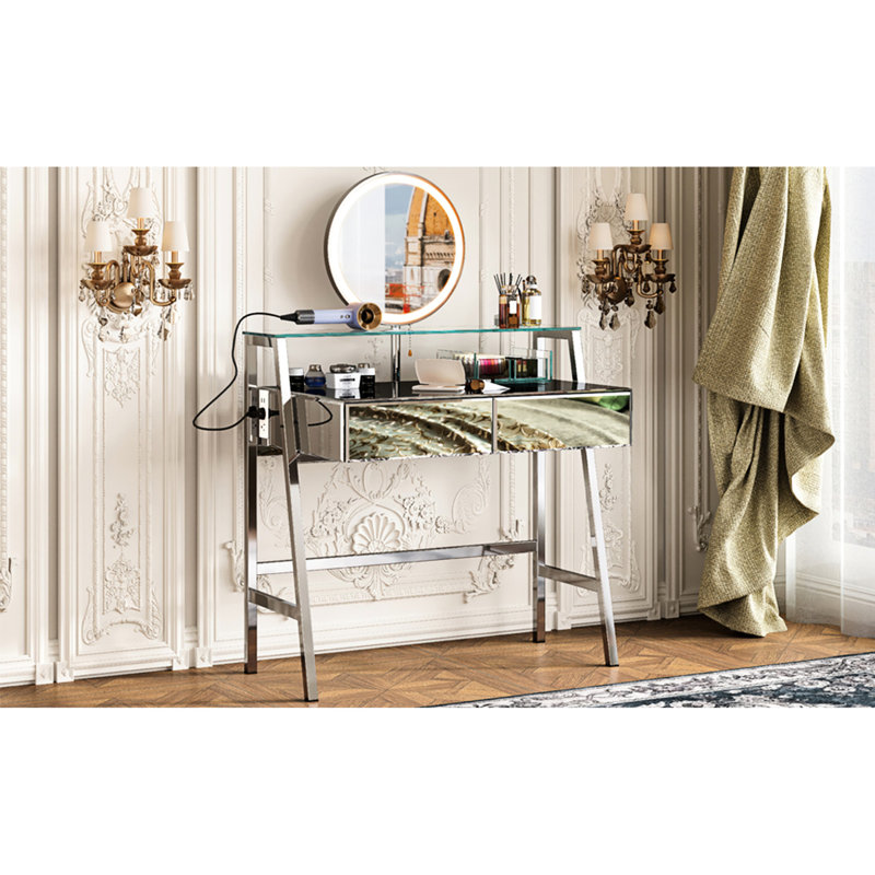 Table de coiffeuse à miroir argenté avec lumières DEL et miroir, 2 tiroirs spacieux, tablette ouverte, point de charge de la chambre à coucher, lumières de bureau de maquillage 33,9 po, station pour grands tiroirs