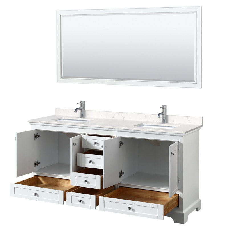 Ensemble de meuble-lavabo double 72 "avec miroir Deborah, Marbre de culture blanc, Blanc, Or brossé