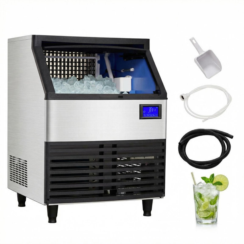 Machine à glaçons commerciale de 176 lb / 24 heures avec rangement de 99 lb, machines à glaçons autoportantes pour bar maison, café, panneau ACL de machine à glaçons en acier inoxydable