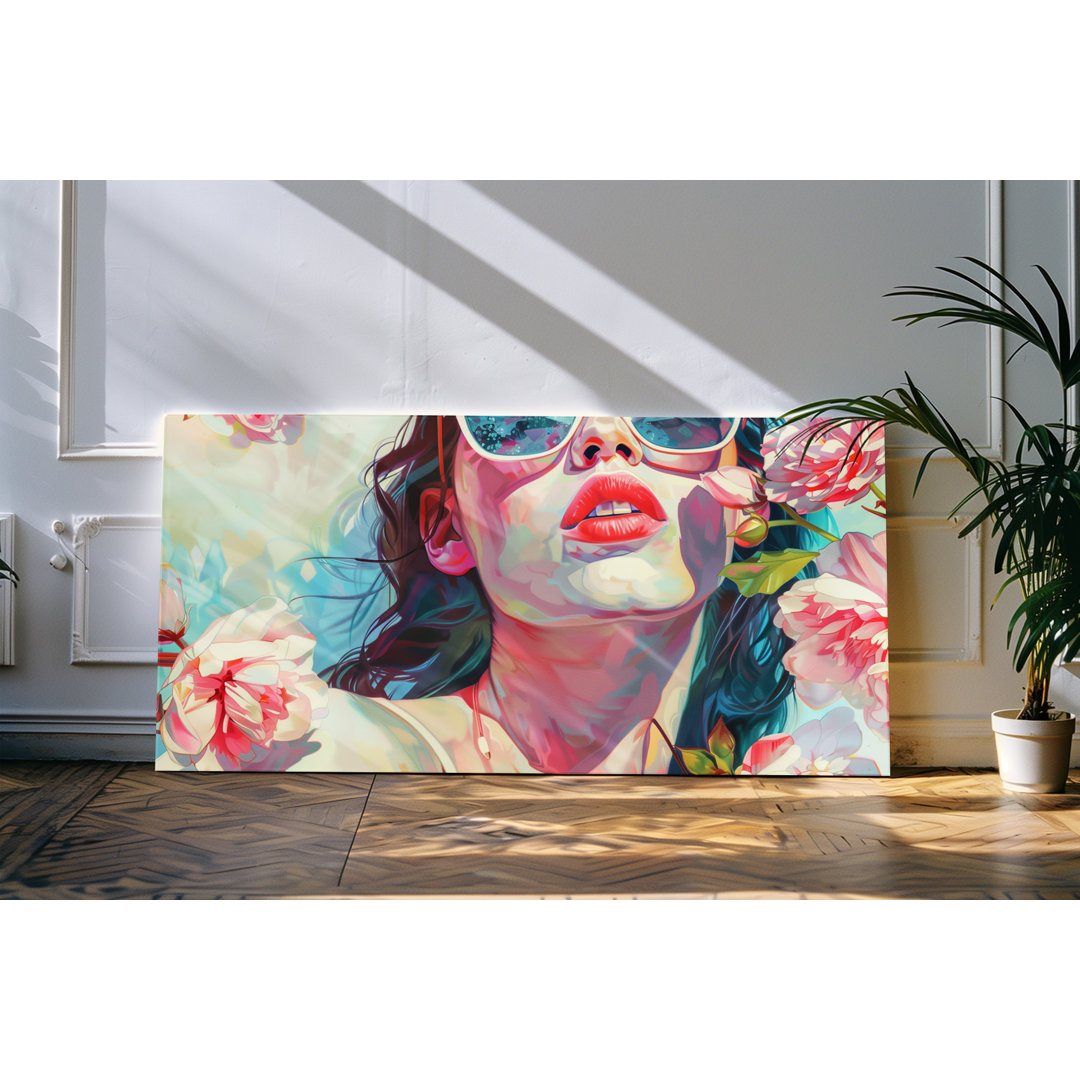 Wandbild 120x60cm Porträt einer jungen Frau Sommer Sonnenbrille Blumen Sonnenschein