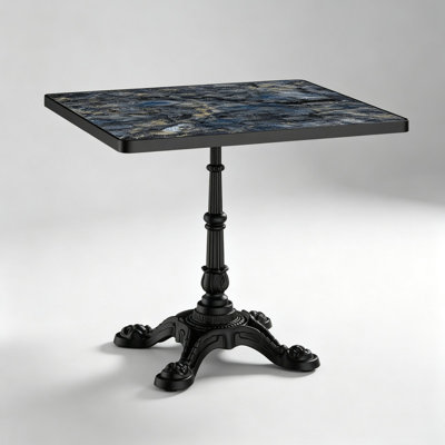 Faux Marble Square Tulip Dining Table, Sintered Stone Top, Cast Iron Pedestal Base, Vintage Style, Indoor Outdoor Patio & Commercial Cafe Use