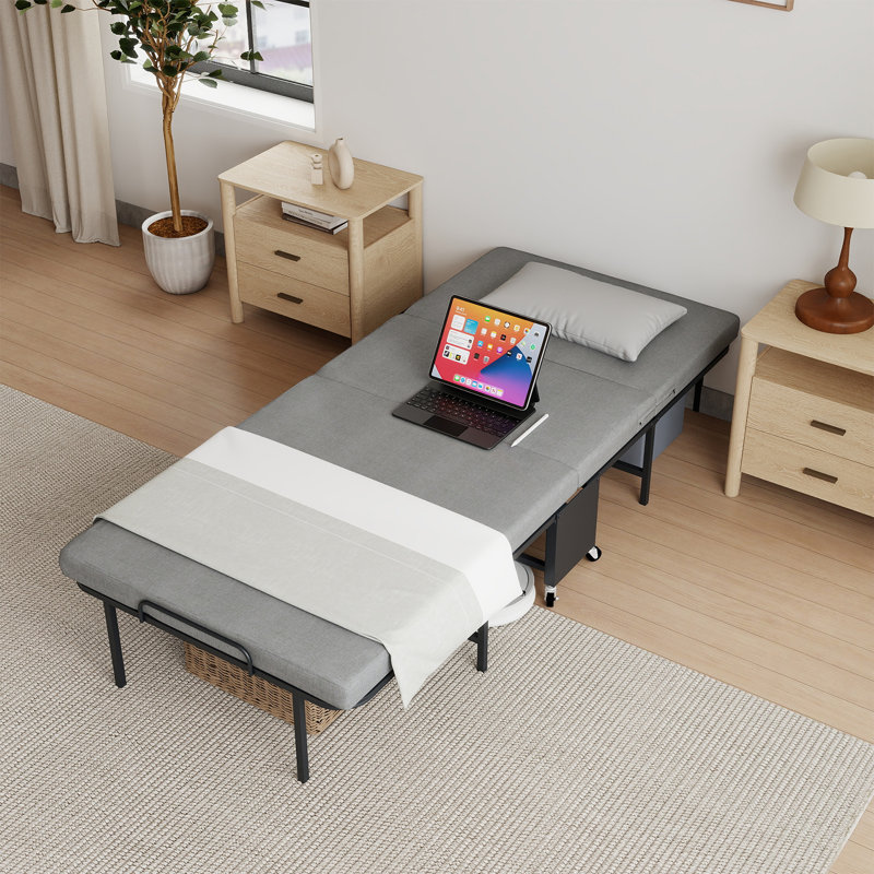 Lit pliant avec matelas en mousse à mémoire de forme de 3 po pour adultes, lit escamotable portable sur roulettes, structure en métal robuste, peu encombrant