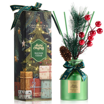 Balsam & Cedar Reed Diffuser, 4.06 fl oz, Green Glass Bottle with Festive Botanical Decorations, Christmas Gift Box, Home Decor, Holiday Gift for Friends & Family