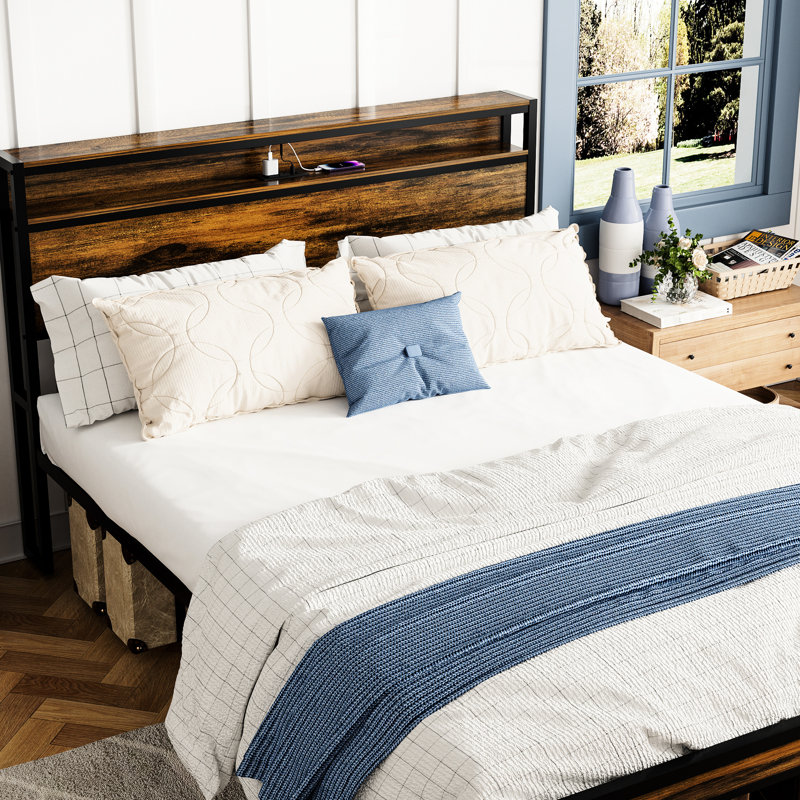 Rustic Brown Queen Bed Frame, Headboard With Storage & Led, Charging Station, Build, No Box Spring, Easy To Assemble, Noise- Comfortable Home Vintage Bed, Led , Structure, Assembly, Quiet Space