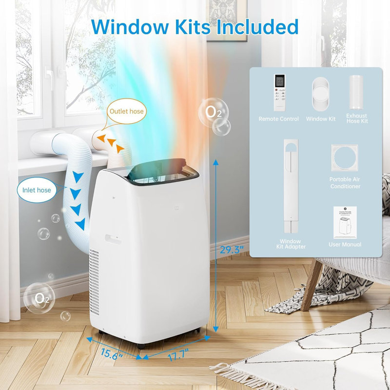 14,000 BTU Inverter Portable Air Conditioner Cools Up to 750 Sq. Ft with Dual Hose, 4-in-1 Portable AC Unit with Remote Control & Installation Kits for Large Room, 3 Speed, 24 Timer