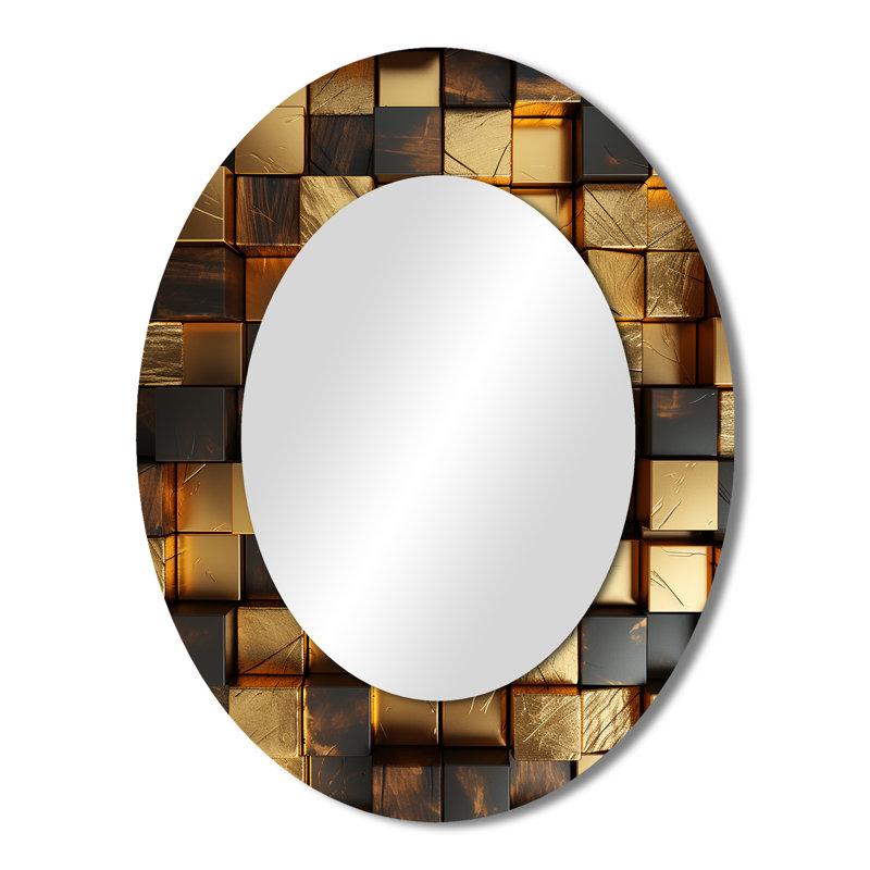 Black And Gold Abstract Cubes I - Abstract Oval Decorative Mirror On Metal, 43" H x 33" W