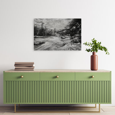 «Moody River Charcoal Tranquil Abstract Contemporary Forest Landscape», reproduction d'art mural