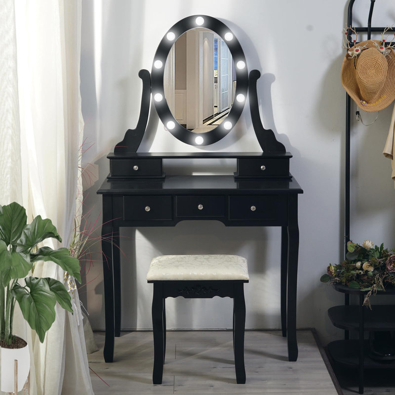 Ensemble de meuble-lavabo moderne avec miroir éclairé et tabouret rembourré avec 5 tiroirs, Noir
