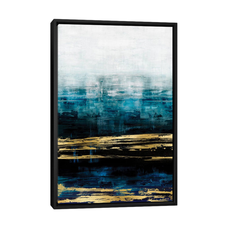 «Aqua Reflections with Gold» non disponible sur toile, H 60 po x l 40 po x P 1,5 po, Toile encadrée noire, Pas de tapis