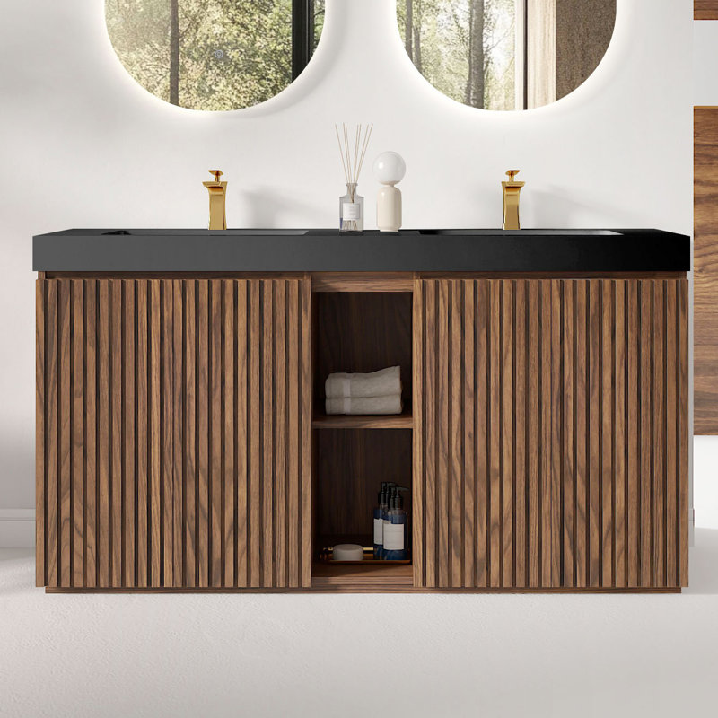 Meuble-lavabo double 60 po avec surface solide 60 po, Noir / brun, Monotrou