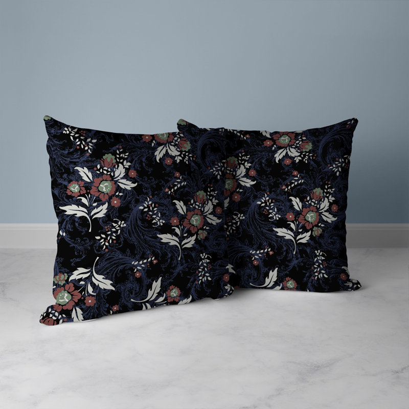 Coussin décoratif réversible à motif floral Meadow Strokes, H 16 po x l 16 po, Bleu et noir