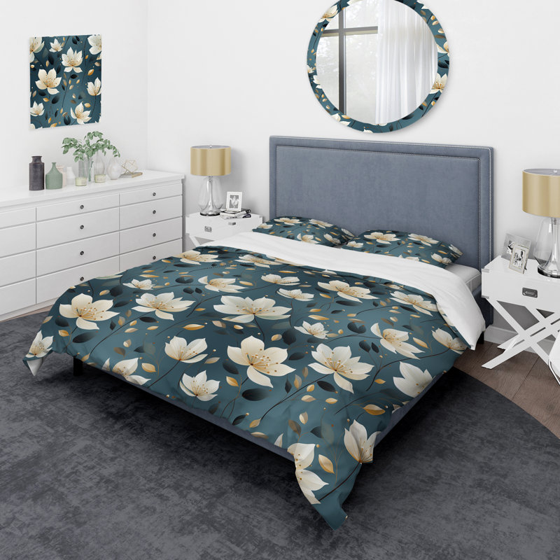 Teal & Ivory Elegant Floral Pattern - Ensemble de housse de couette à motif floral