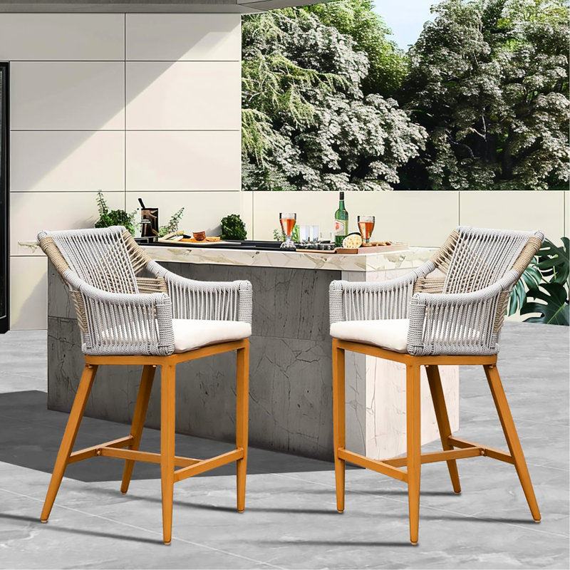 Of 2 Outdoor Bar Chairs, Aluminum Frame, Armrest & , Rope, Cushioned, For Garden, Pool, Patio, Kitchen, Square Khaki Color Person Seating Group Chairs - Rope Back, Cushion Patio