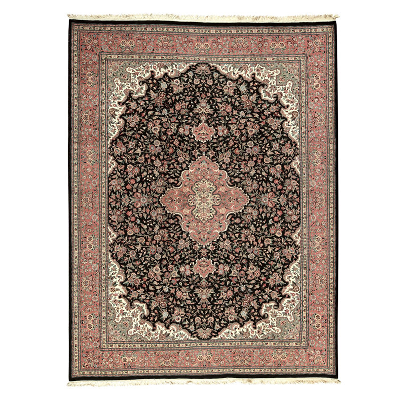 Tapis noir et rose noué à la main de haute qualité