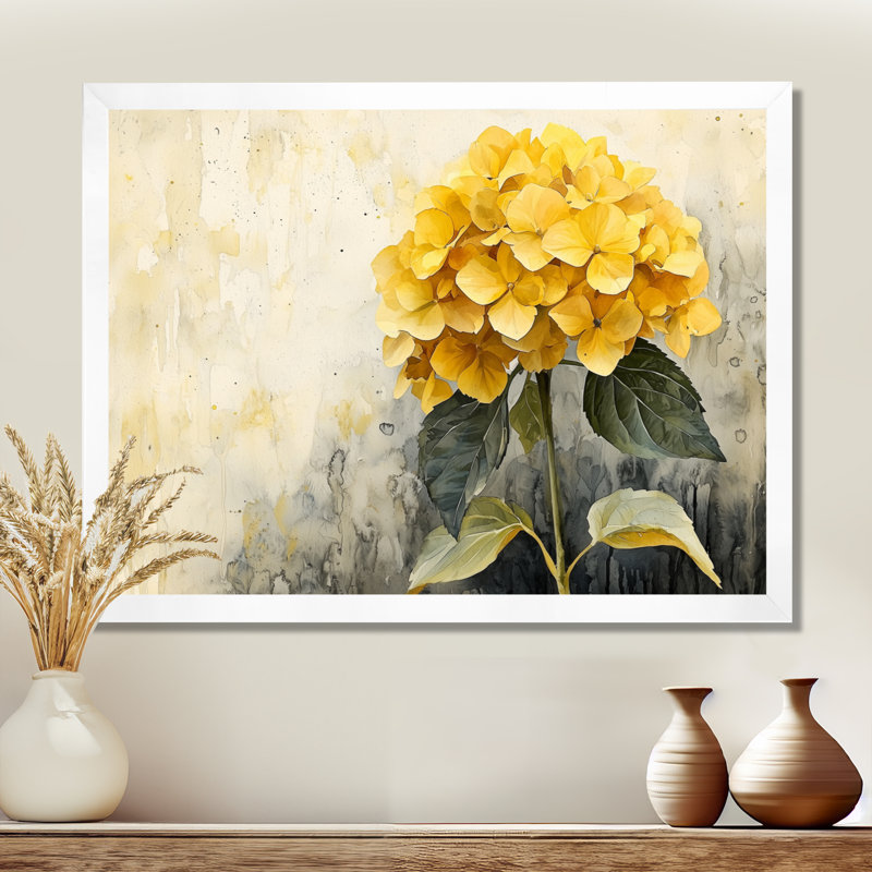 Jaune hydrangée jaune III - art mural hortensia, Impression d'un seul cadre photo, H 30 po x l 40 po, Blanc