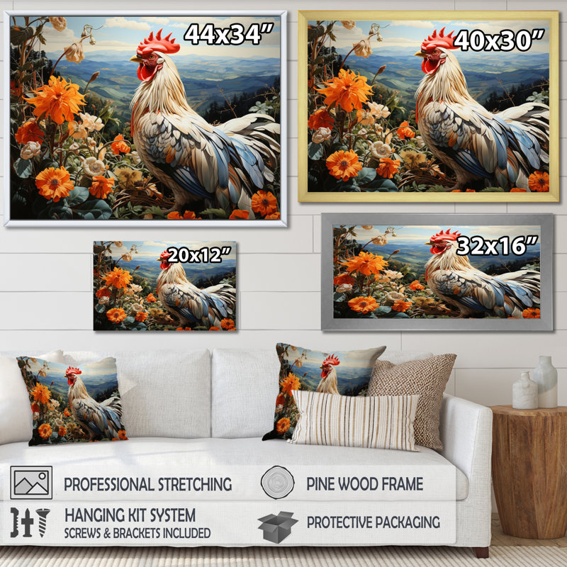 Coq crème avec paysage de fleurs d'oranger, H 16 po x l 32 po x P 1 po, Cadre flottant noir