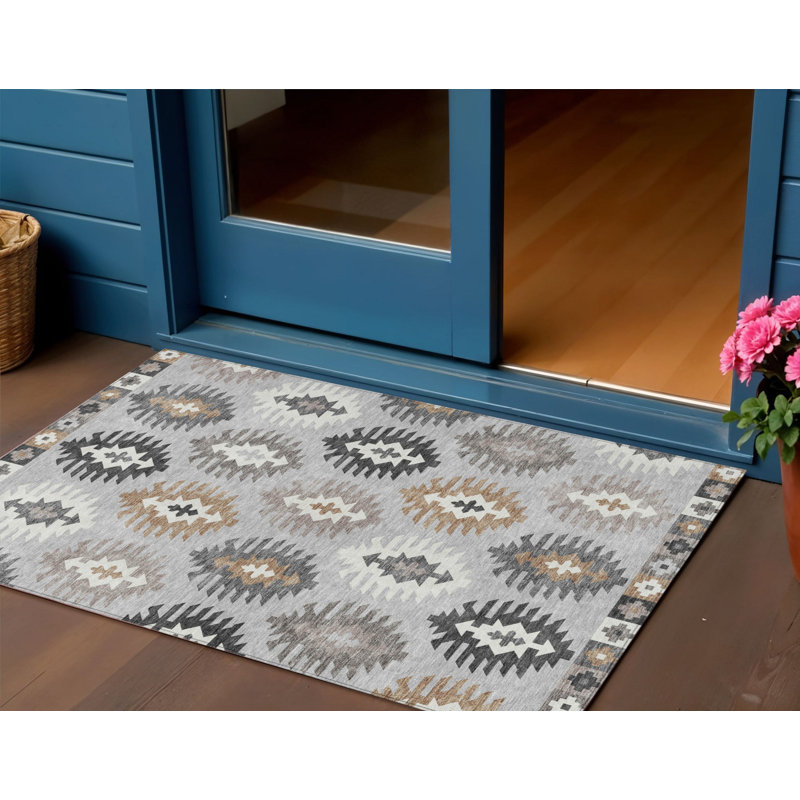 3' X 5' Silver Beige And Charcoal Southwestern Washable Indoor Outdoor Area Rug