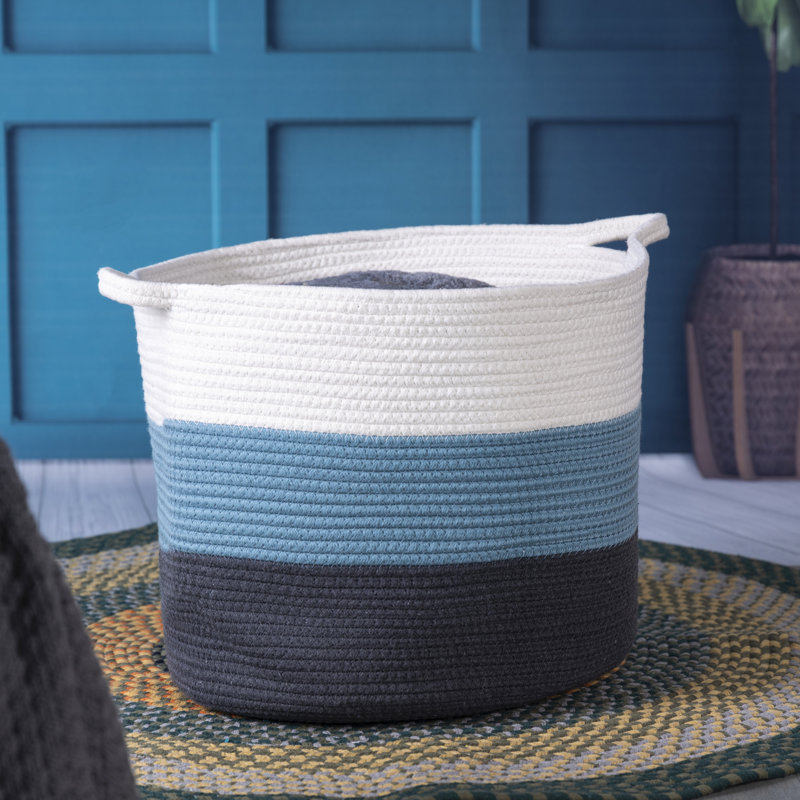 Fabric Laundry Hamper with Handles, White/Blue